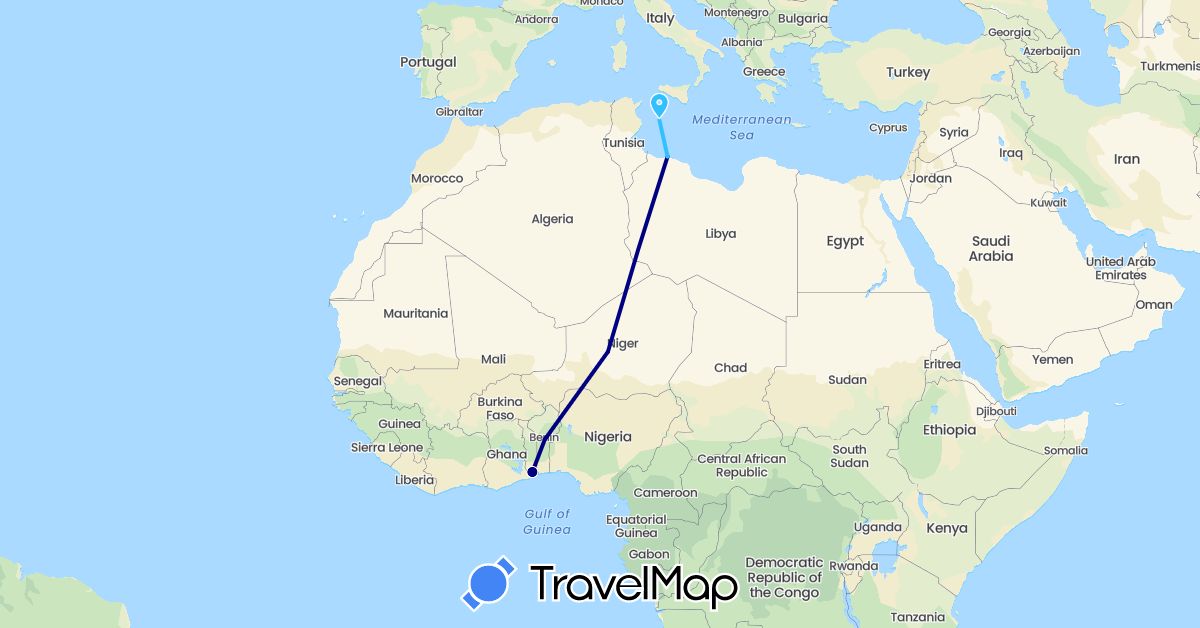 TravelMap itinerary: driving, boat in Benin, Italy, Libya, Niger, Togo (Africa, Europe)